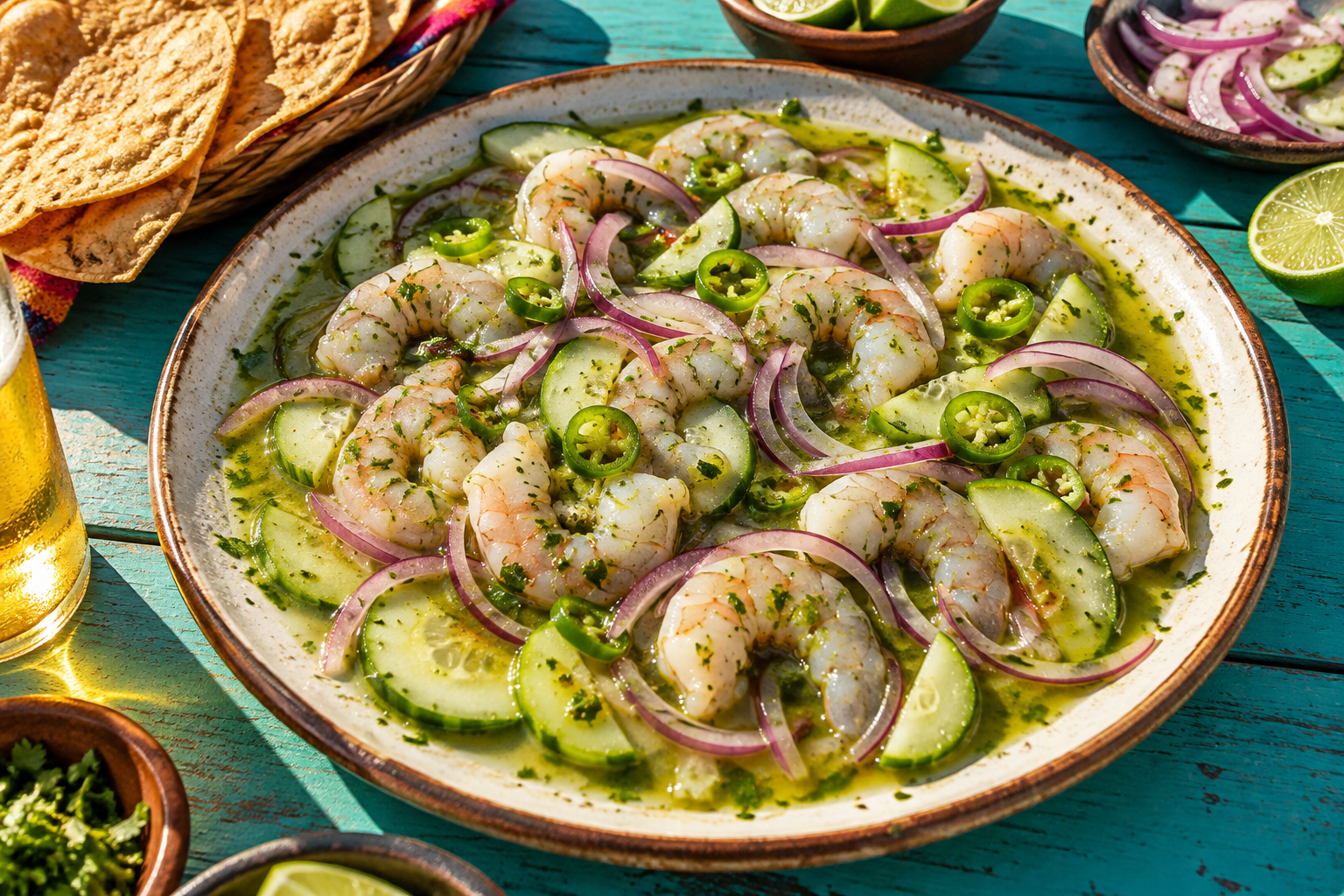 Aguachile de camarón con pepino, cebolla morada y limón sobre una mesa turquesa
